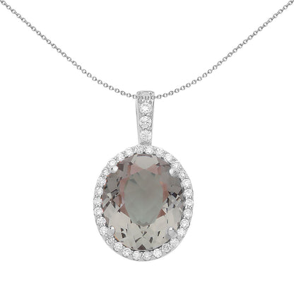 925 Silver  Olive Oval CZ Solitaire Halo Pendant Necklace - GVP488RH