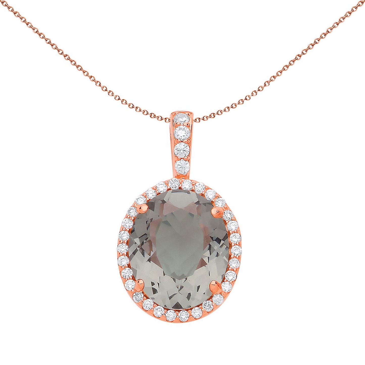 Rose Silver  Grey Olive Oval CZ Solitaire Halo Necklace - GVP488