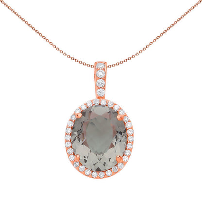 Rose Silver  Grey Olive Oval CZ Solitaire Halo Necklace - GVP488