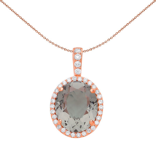 Rose Silver  Grey Olive Oval CZ Solitaire Halo Necklace 18 inch - GVP488