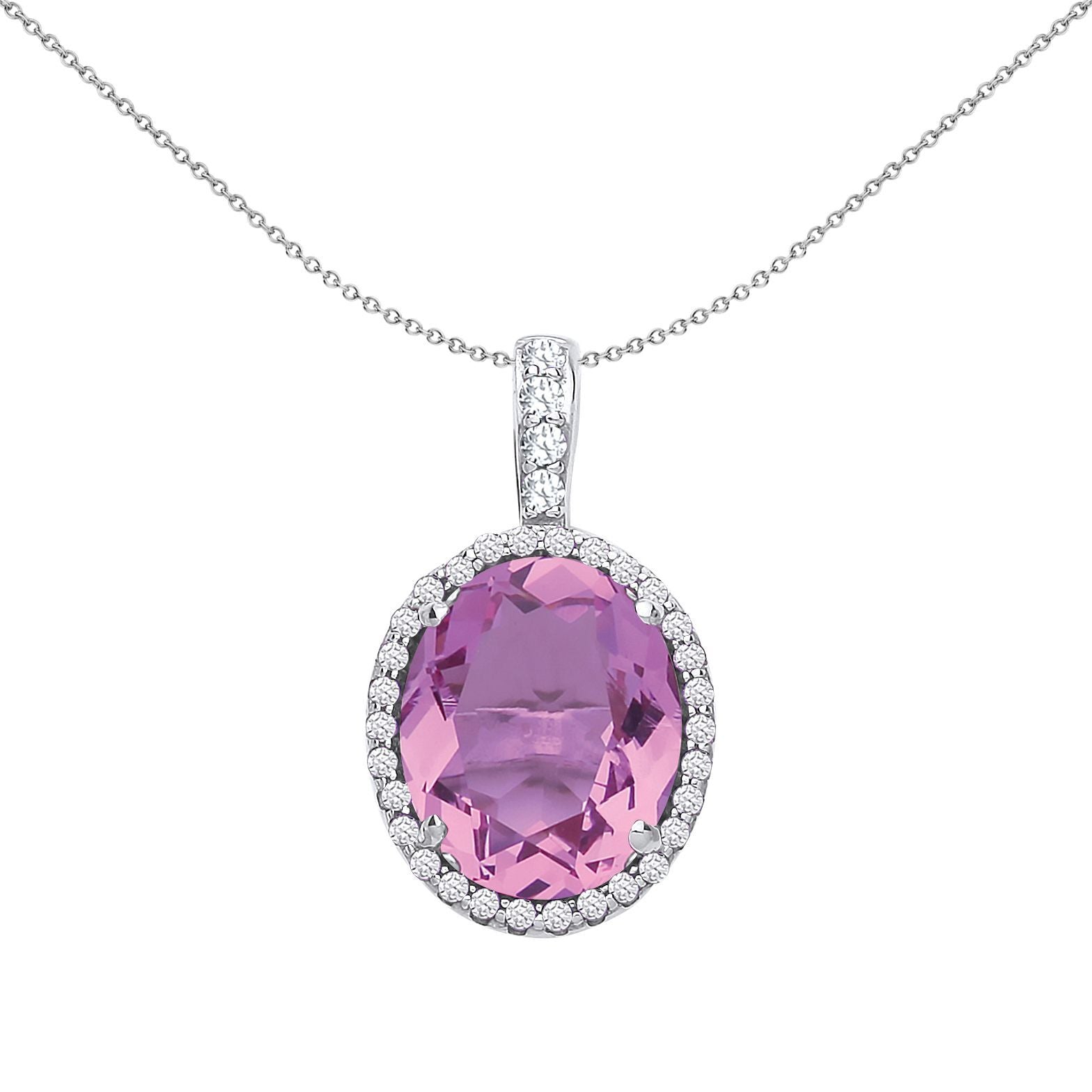 925 Silver  Lilac Oval CZ Solitaire Halo Pendant Necklace - GVP489AMCL