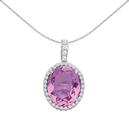 925 Silver  Lilac Oval CZ Solitaire Halo Pendant Necklace - GVP489AMCL