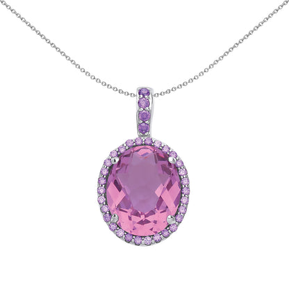 Silver  Pink Oval CZ Solitaire Halo Pendant Necklace 18 inch - GVP489