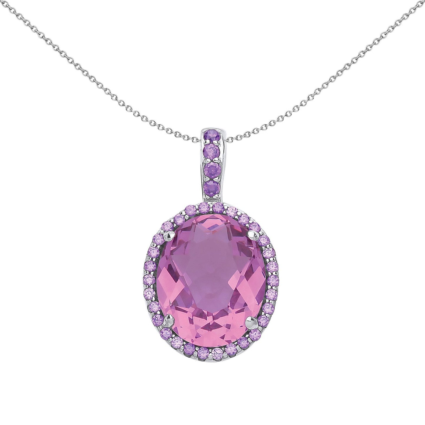 Silver  Pink Oval CZ Solitaire Halo Pendant Necklace - GVP489