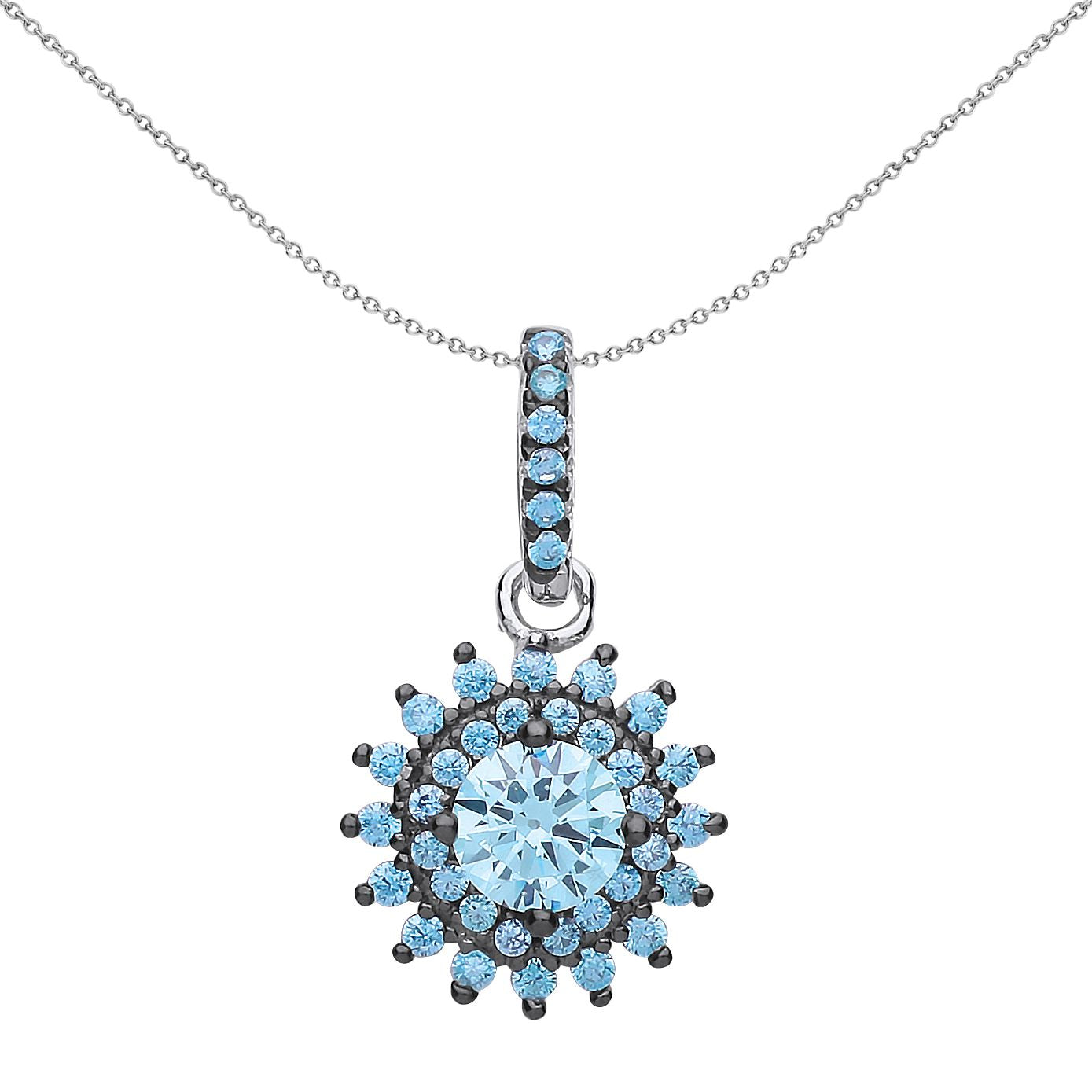 Silver  Light Blue CZ Sunburst Solitaire Cluster Necklace 18 inch - GVP490