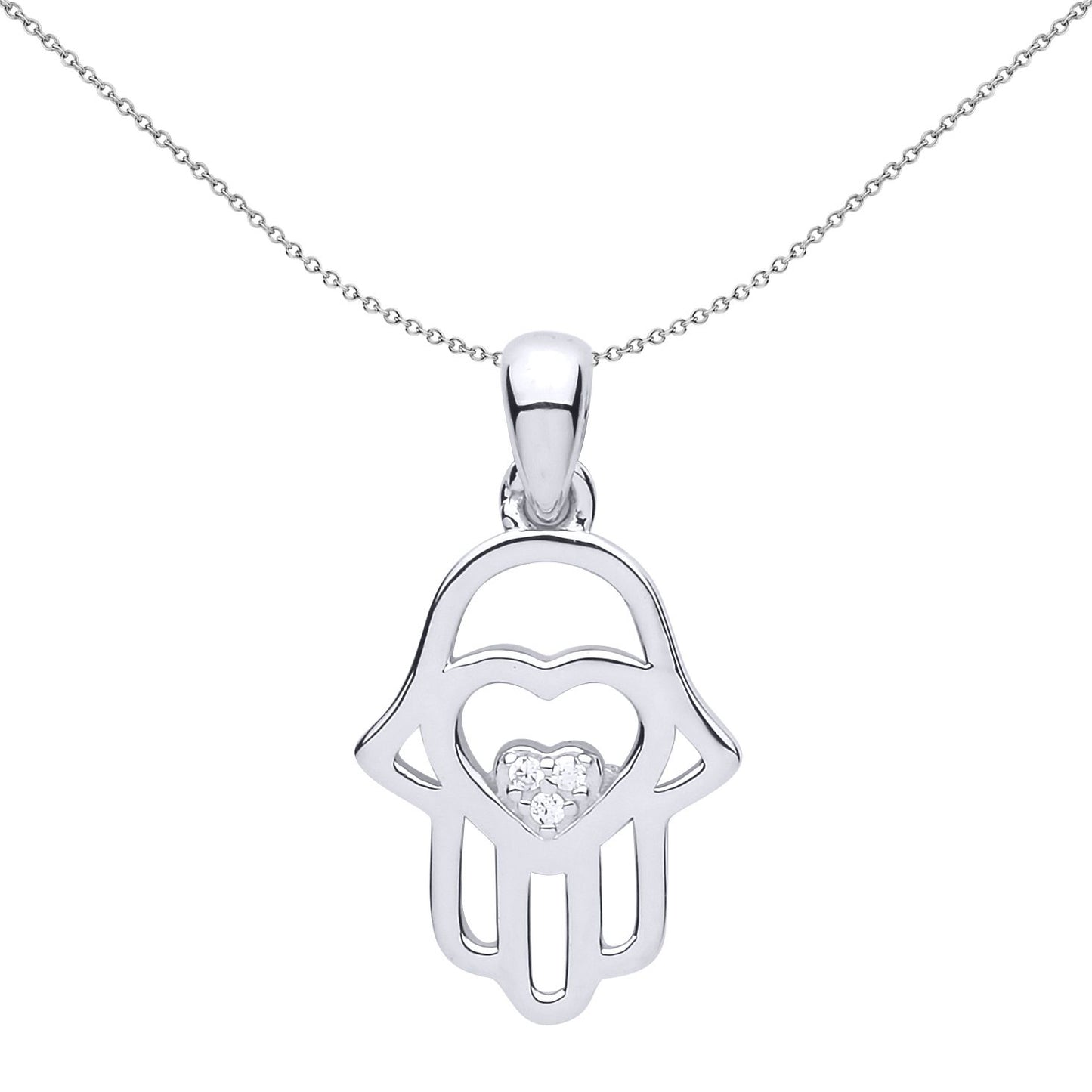Silver  CZ Hamsa Love Heart Charm Necklace 18 inch - GVP496