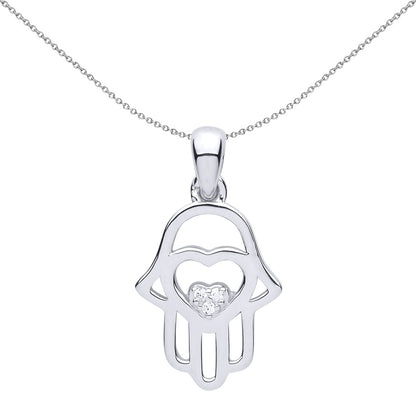 Silver  CZ Hamsa Love Heart Charm Necklace 18 inch - GVP496
