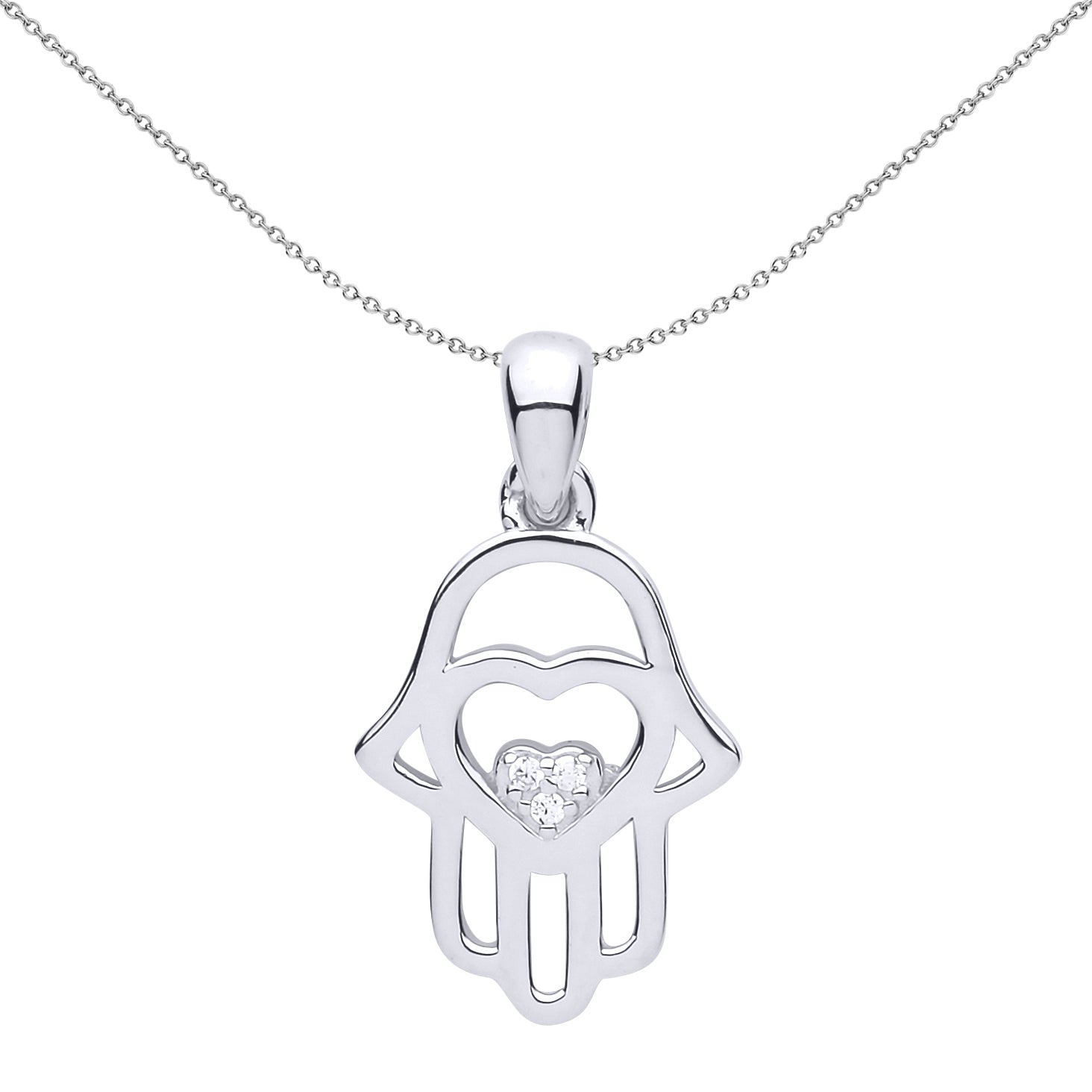 Silver  CZ Hamsa Love Heart Charm Necklace 18 inch - GVP496