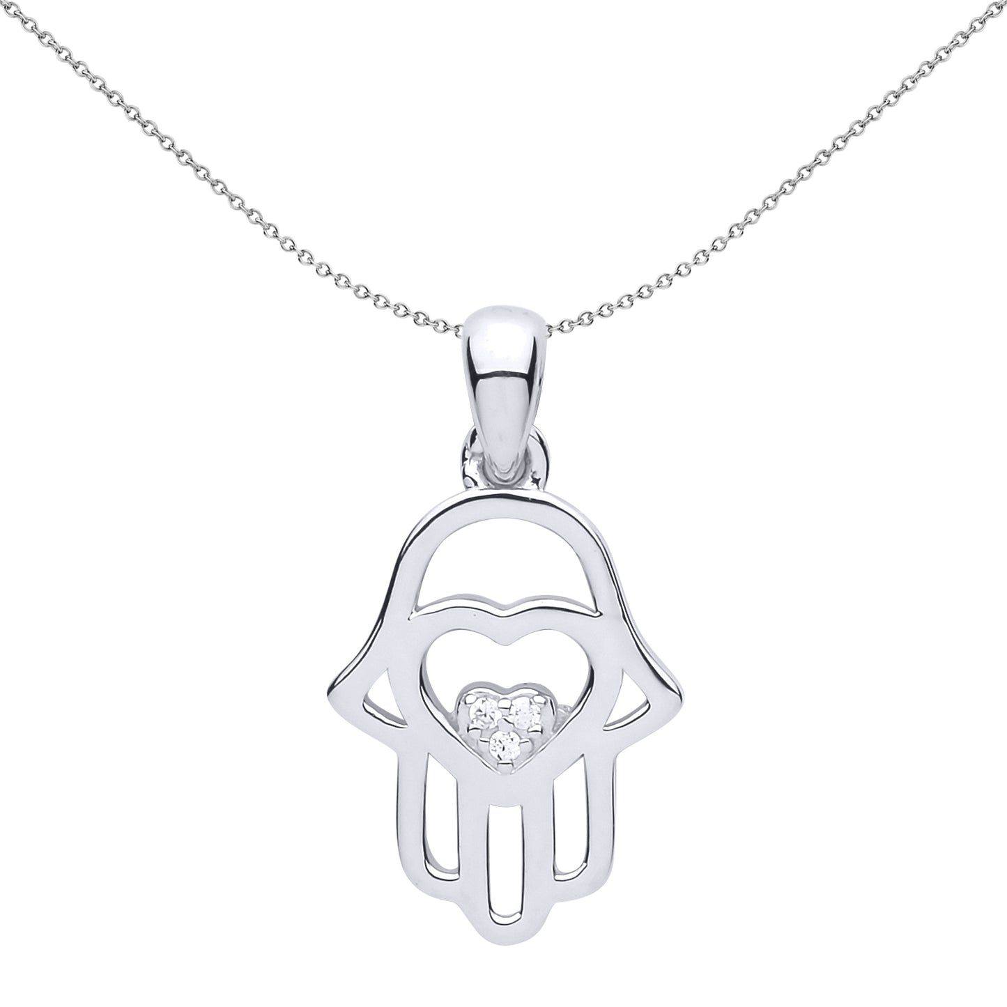 Silver  CZ Hamsa Love Heart Charm Necklace 18 inch - GVP496