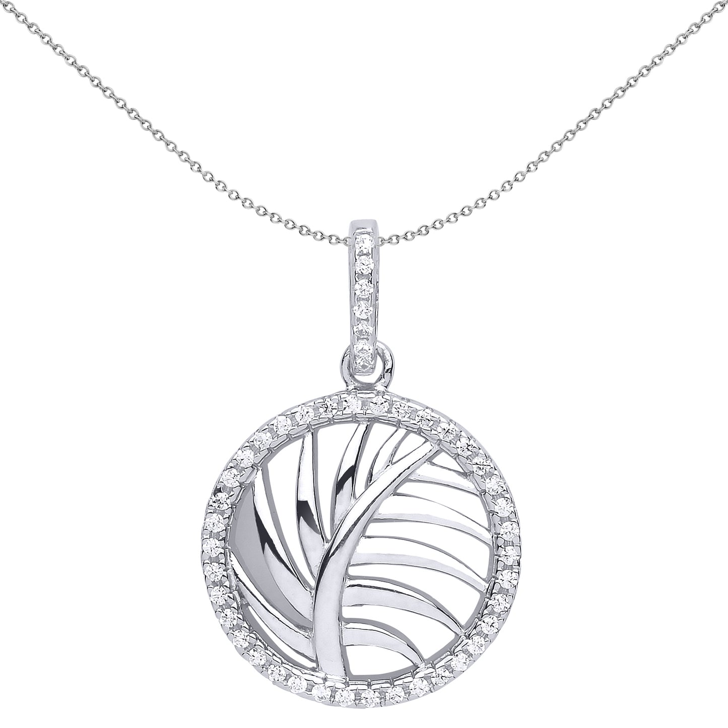 Silver  CZ Palm Tree Leaf Halo Pendant Necklace 18 inch - GVP504