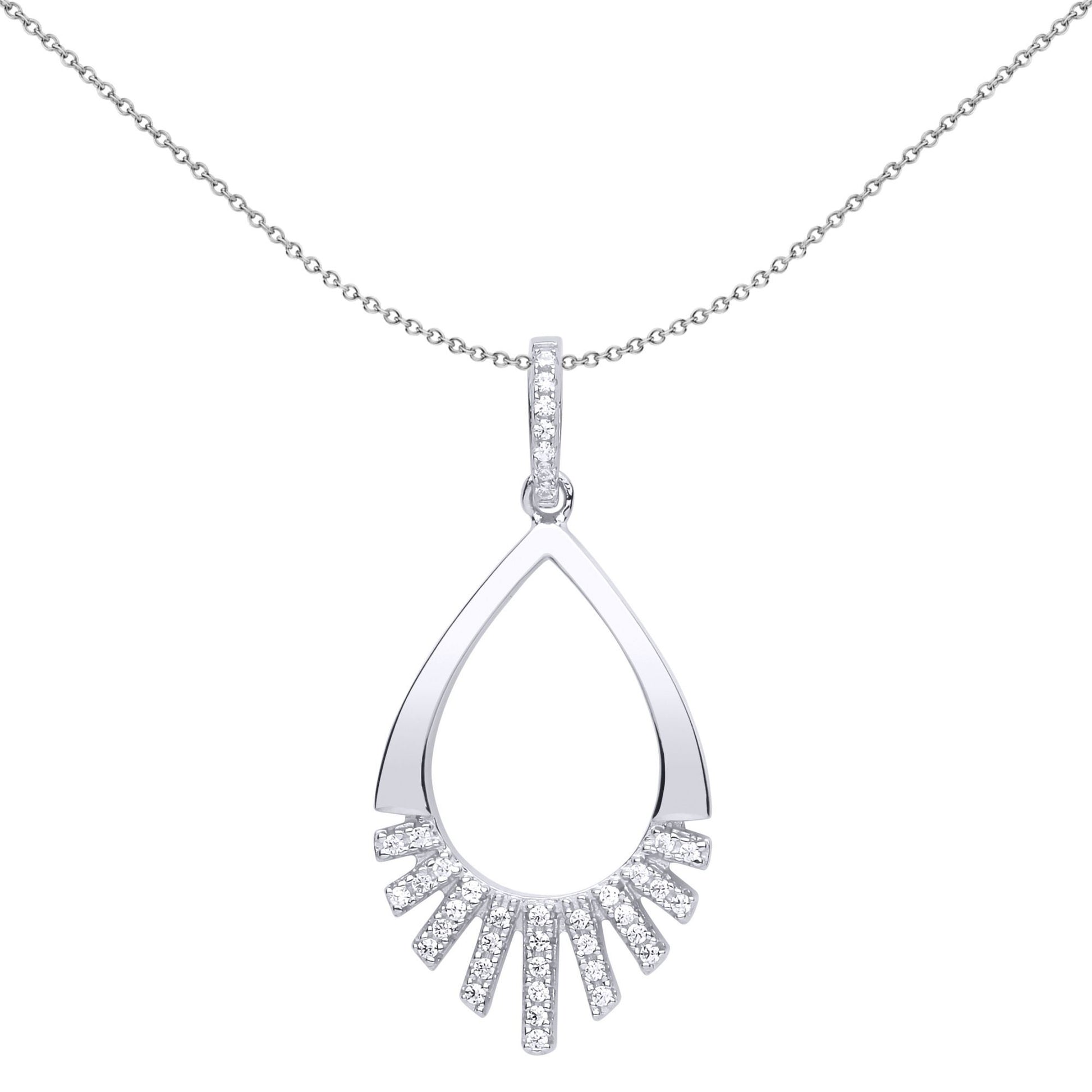 Silver  CZ Minimal Art Deco Tear Pendant Necklace - GVP508