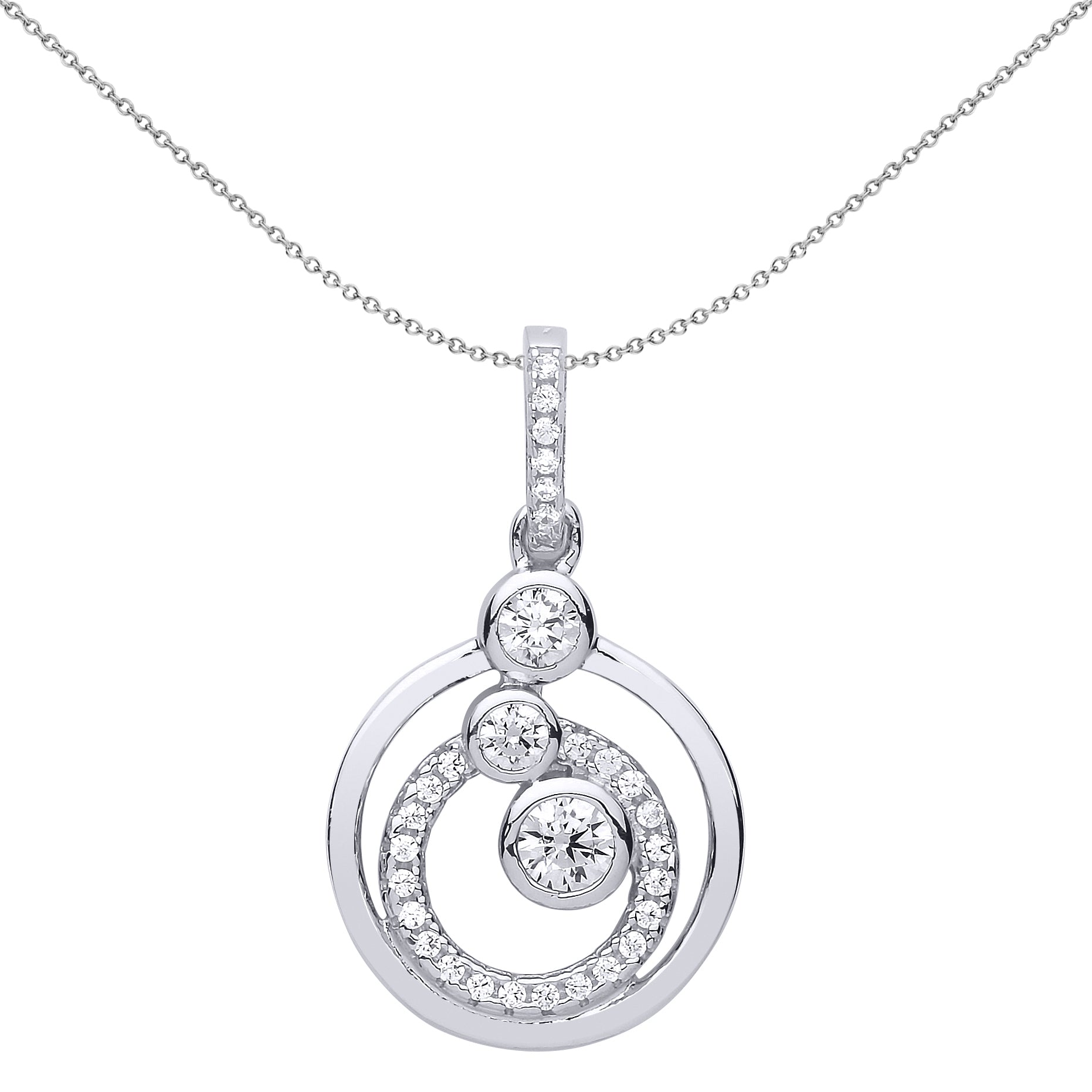 Silver  CZ Rings n Bubbles Halo Pendant Necklace 18 inch - GVP509