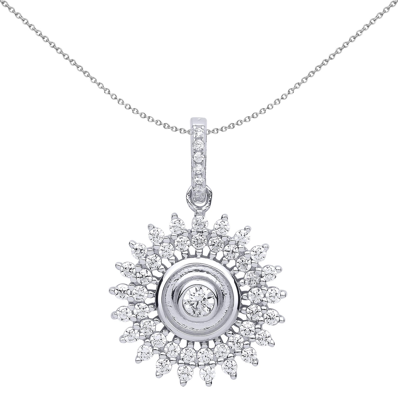 Silver  CZ Sunshine Star Burst Pendant Necklace 18 inch - GVP511