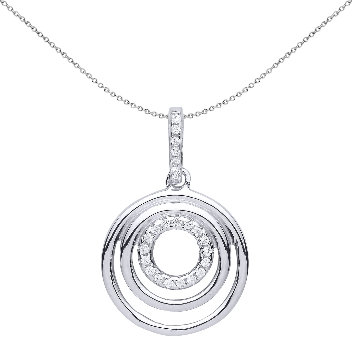 Silver  CZ Tunnel Rings Halo Pendant Necklace 18 inch - GVP514