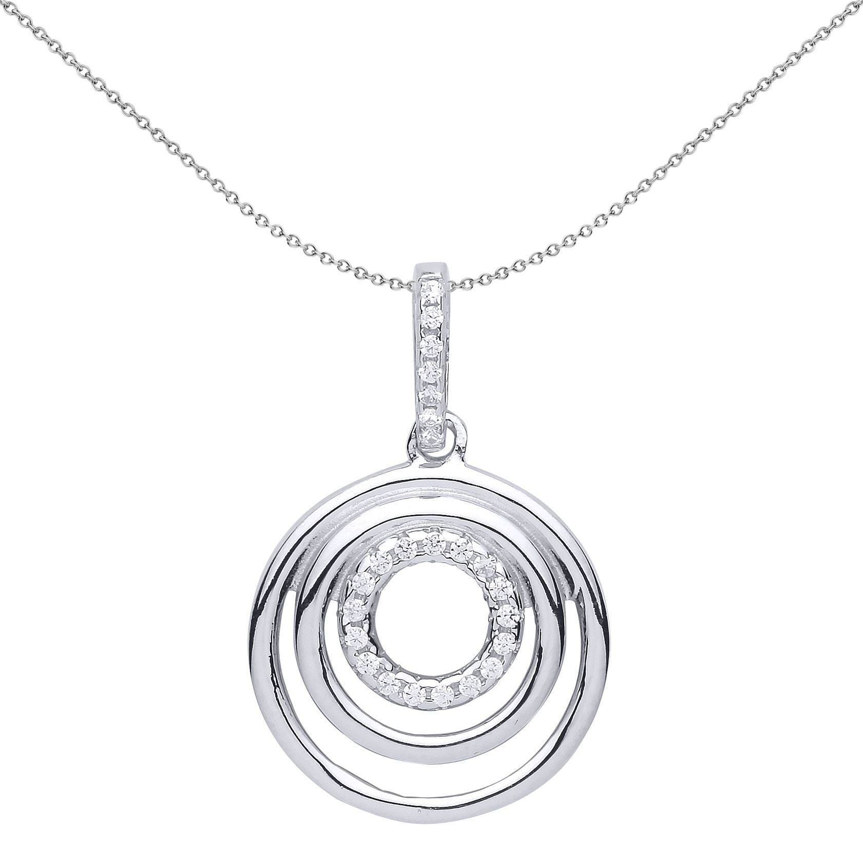 Silver  CZ Tunnel Rings Halo Pendant Necklace 18 inch - GVP514