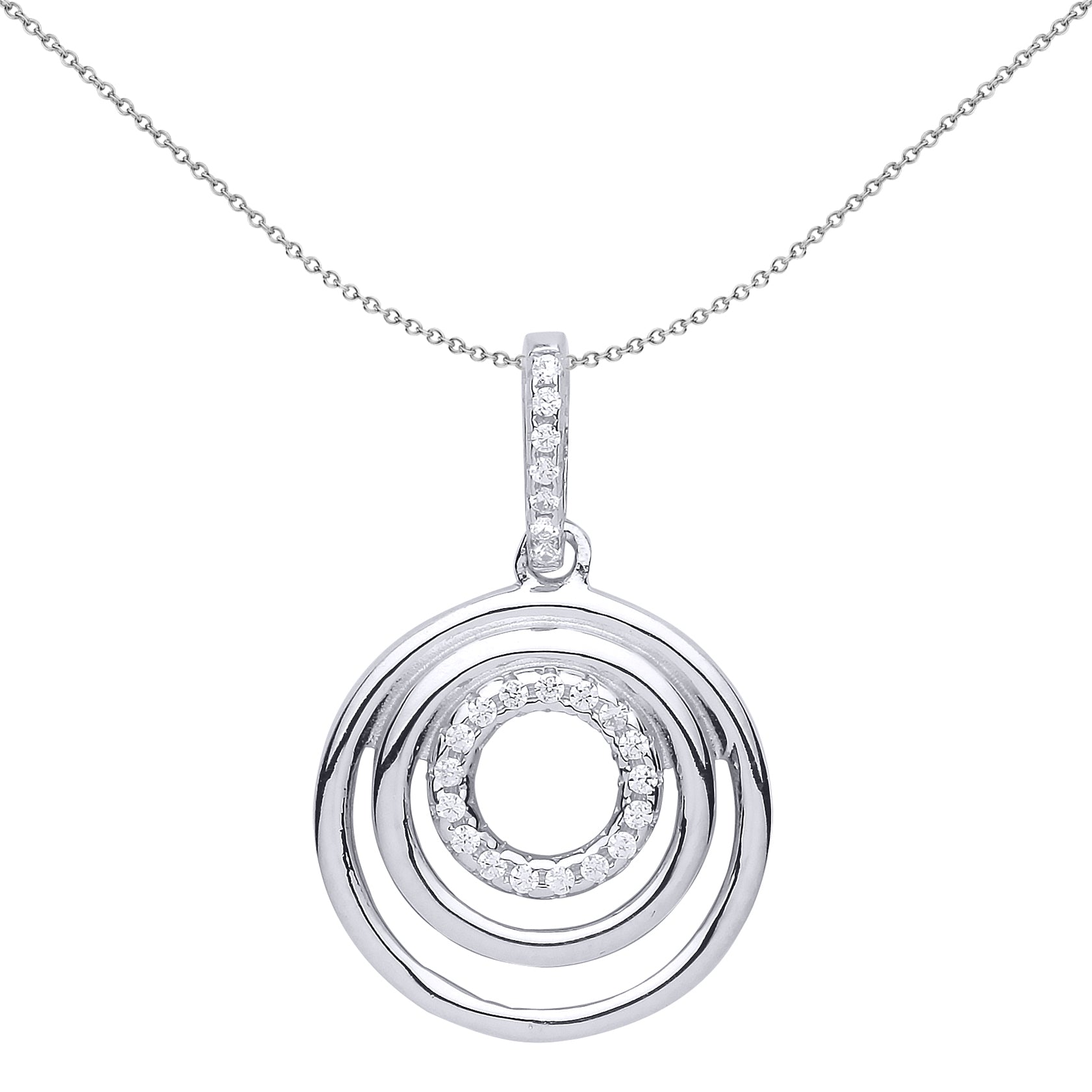 Silver  CZ Tunnel Rings Halo Pendant Necklace 18 inch - GVP514