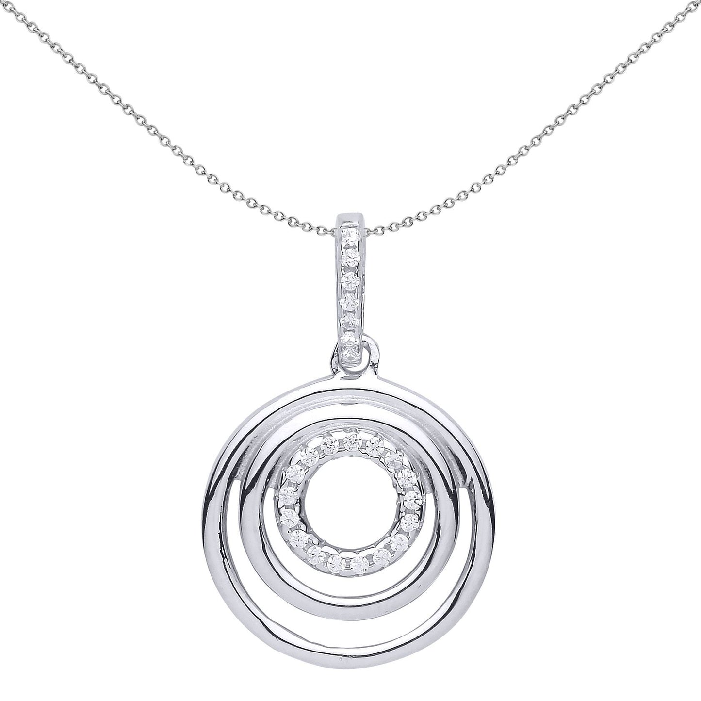 Silver  CZ Tunnel Rings Halo Pendant Necklace - GVP514