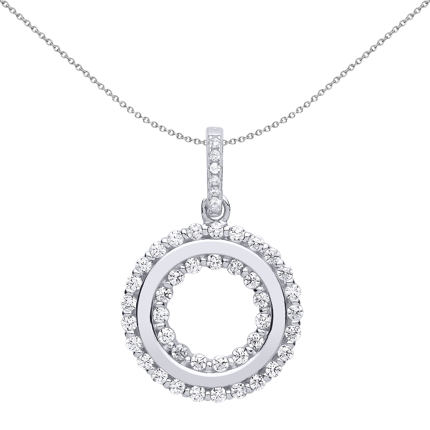 Silver  CZ Halo Donut Ring Pendant Necklace 18 inch - GVP515