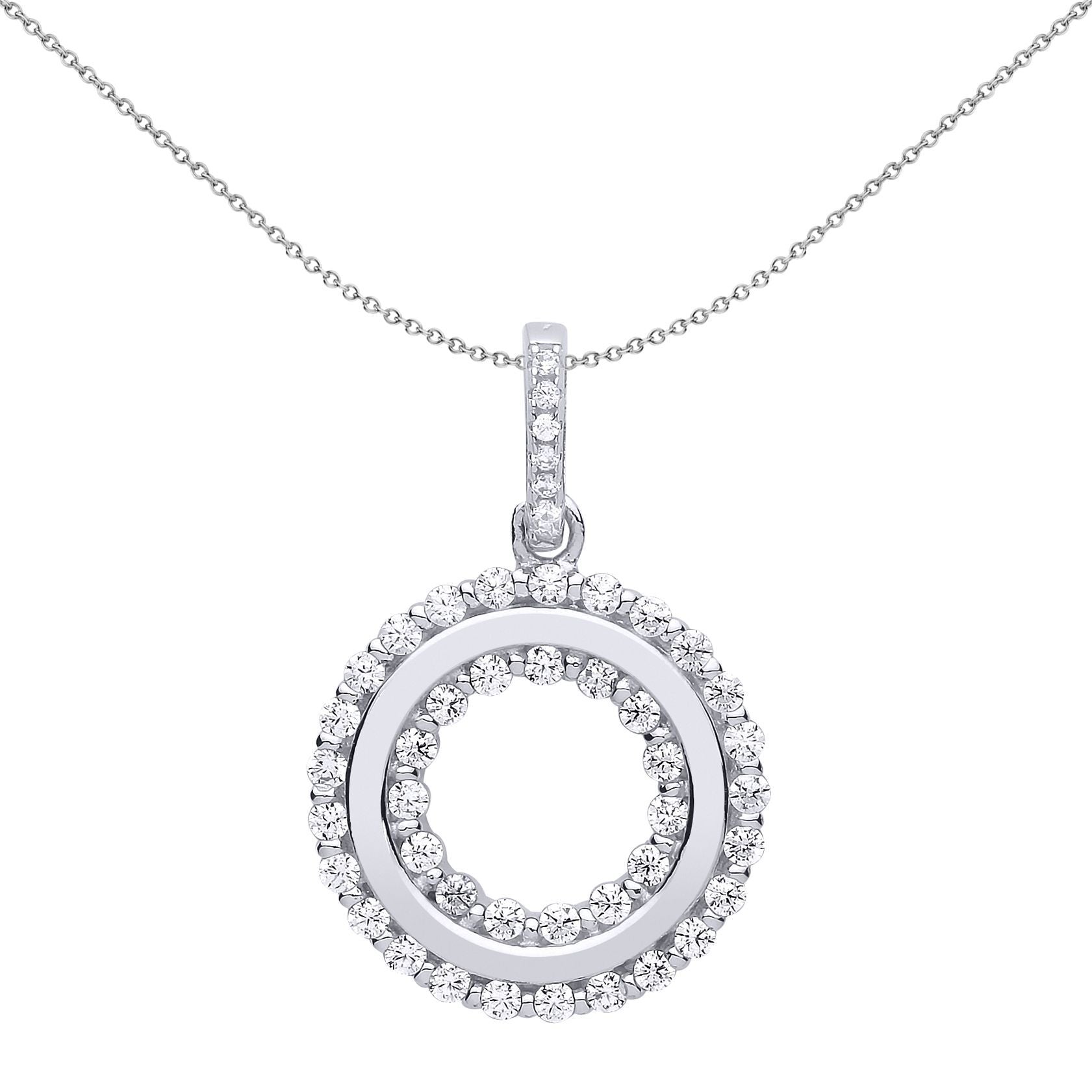 Silver  CZ Halo Donut Ring Pendant Necklace - GVP515