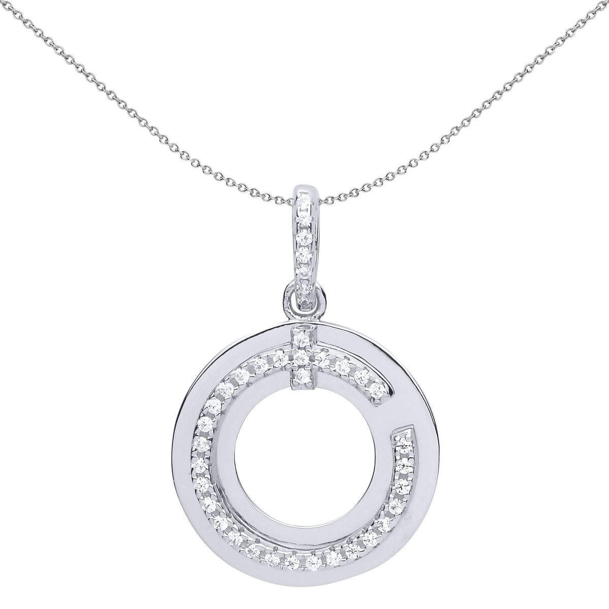 Sterling Silver  CZ G Q C Crossbar Q C Halo Donut Pendant Necklace - GVP516