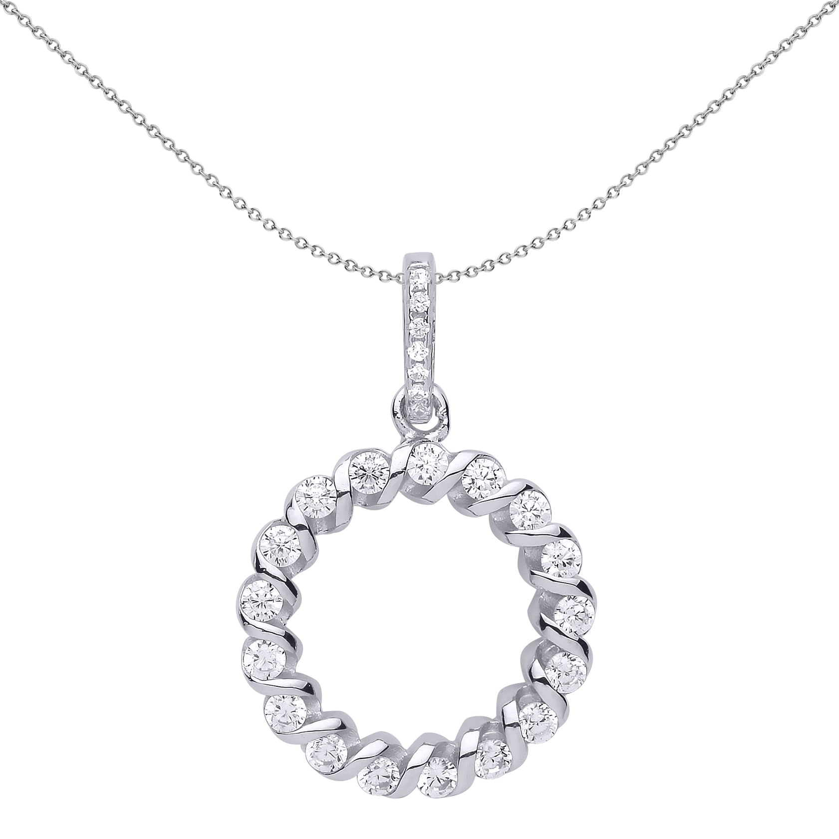 Silver  CZ Candy Twist Wreath Halo Pendant Necklace 18 inch - GVP517