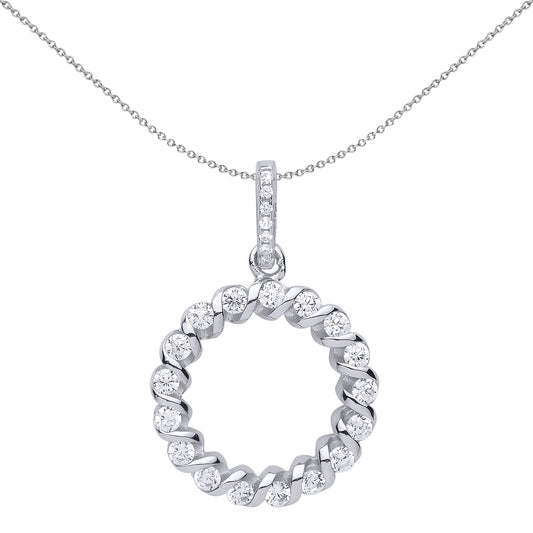 Silver  CZ Candy Twist Wreath Halo Pendant Necklace 18 inch - GVP517