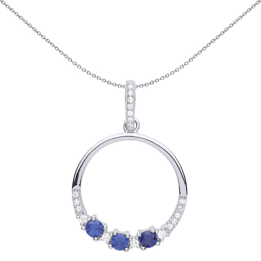 Silver  Blue CZ Trilogy Half Eternity Pendant Necklace 18 inch - GVP519