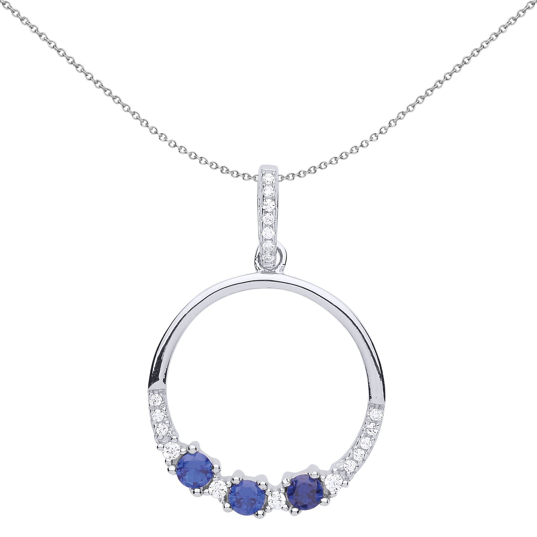 Silver  Blue CZ Trilogy Half Eternity Pendant Necklace - GVP519