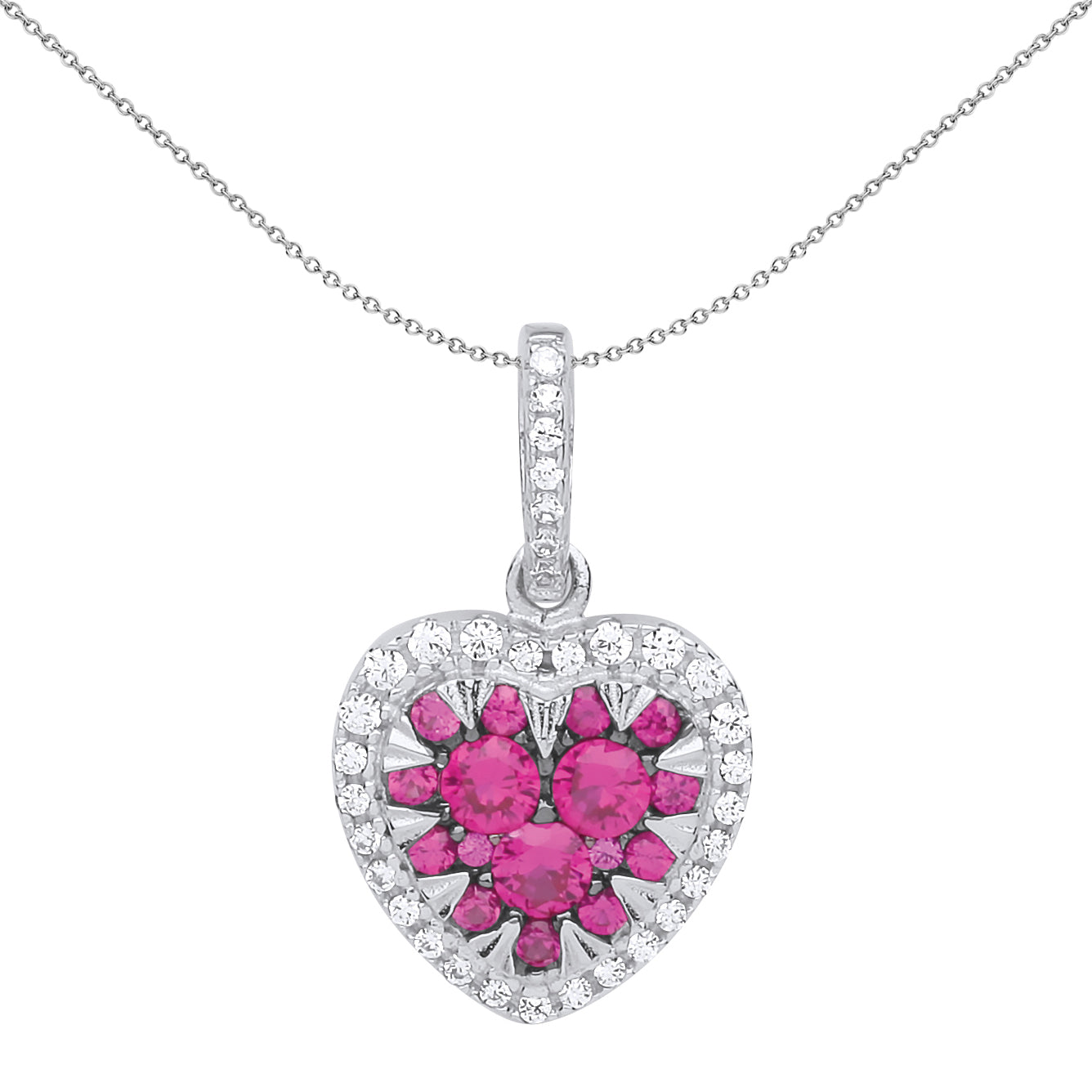 Silver  Hot Pink CZ Love Has Teeth Heart Charm Necklace 18 inch - GVP521