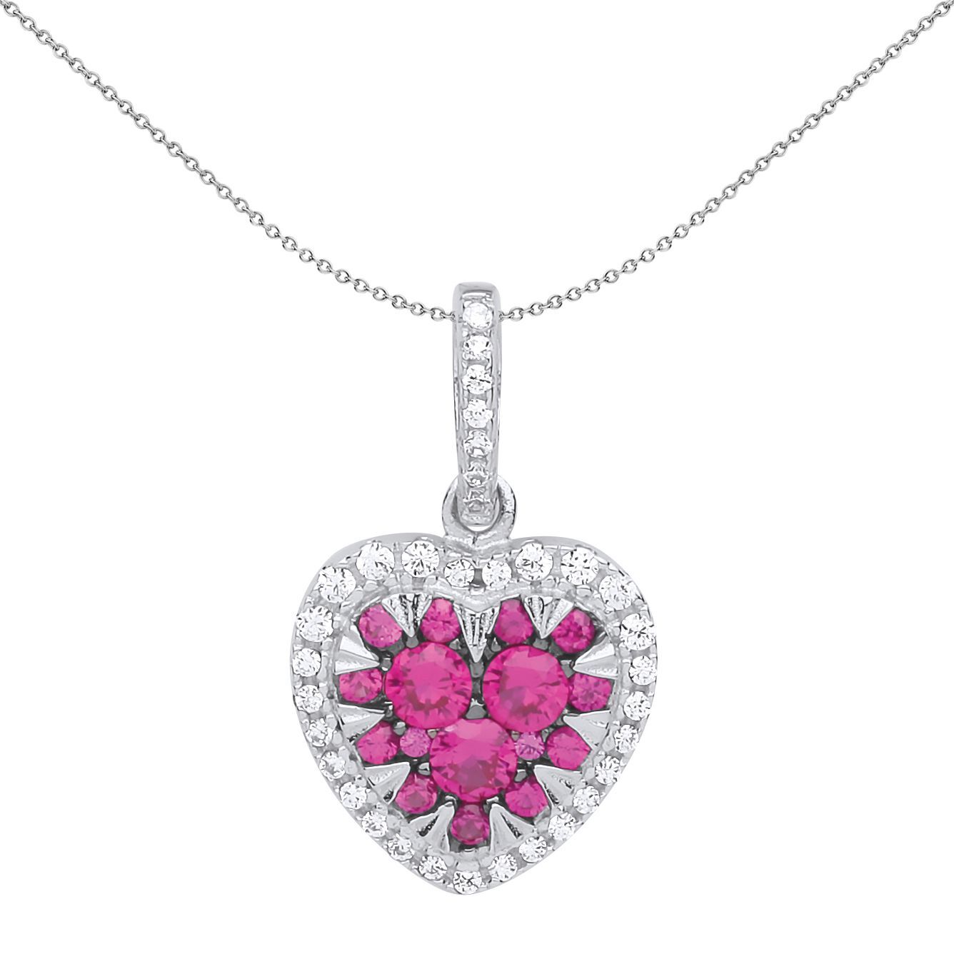 Silver  Hot Pink CZ Love Has Teeth Heart Charm Necklace - GVP521