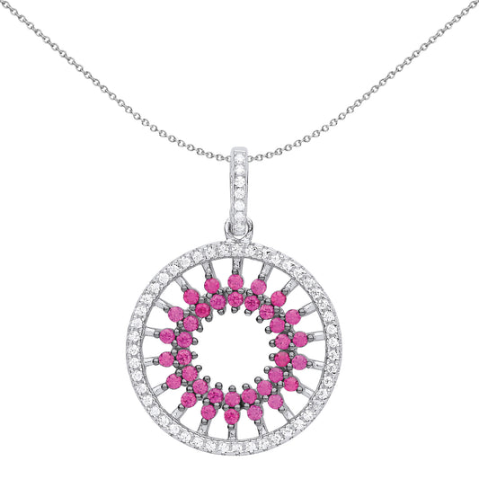 Silver  Pink CZ Sunshine Star Burst Halo Pendant Necklace 18 inch - GVP522