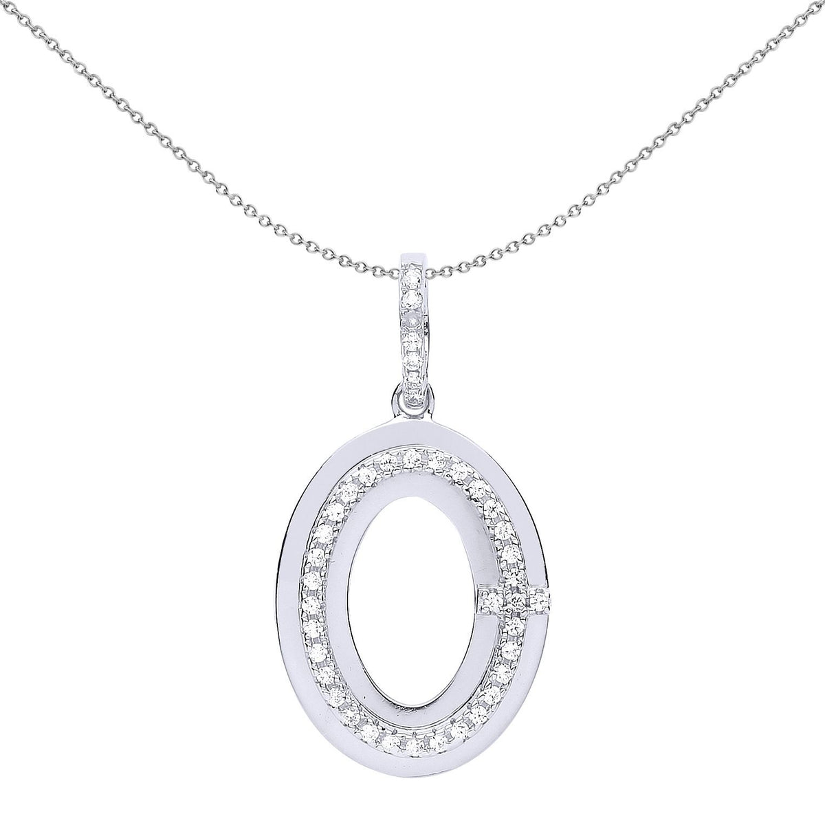 Sterling Silver  CZ Crossbar Oval O Halo Pendant Necklace - GVP527