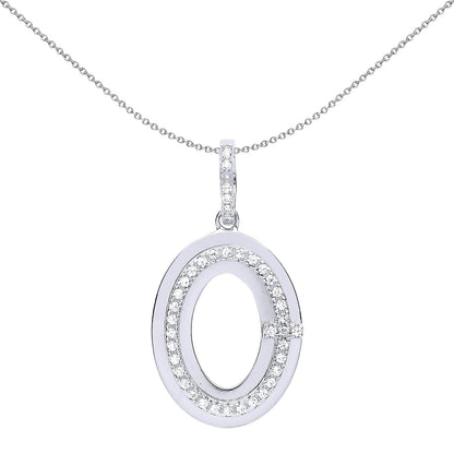 Sterling Silver  CZ Crossbar Oval O Halo Pendant Necklace - GVP527