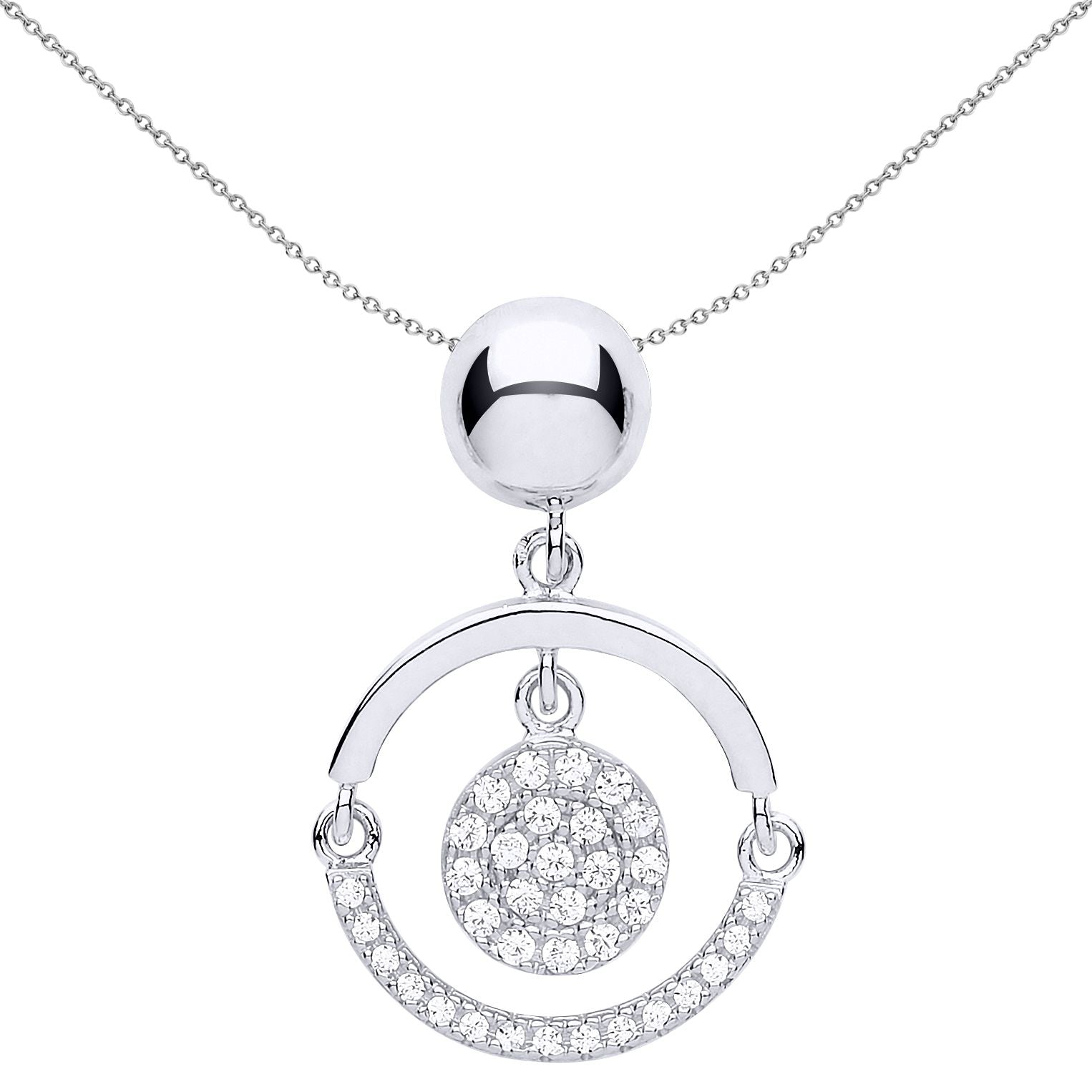 Silver  CZ Swing Hoop Disco Ball Pendant Necklace 18 inch - GVP531