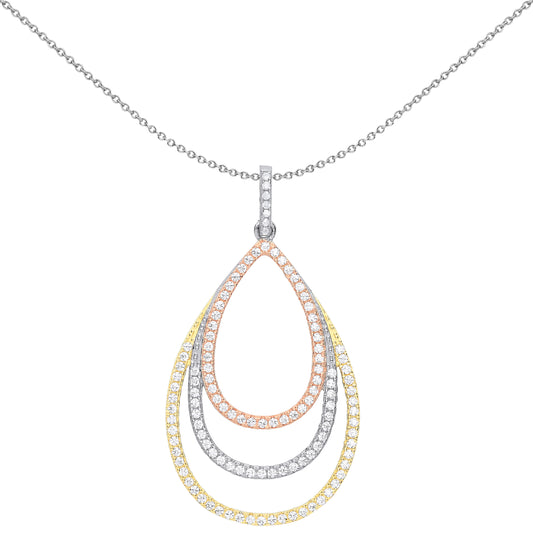 3-Colour Silver  CZ Triple Tier Halo Tear Necklace 18 inch - GVP534