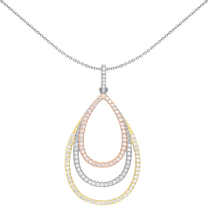 3-Colour Silver  CZ Triple Tier Halo Tear Necklace 18 inch - GVP534