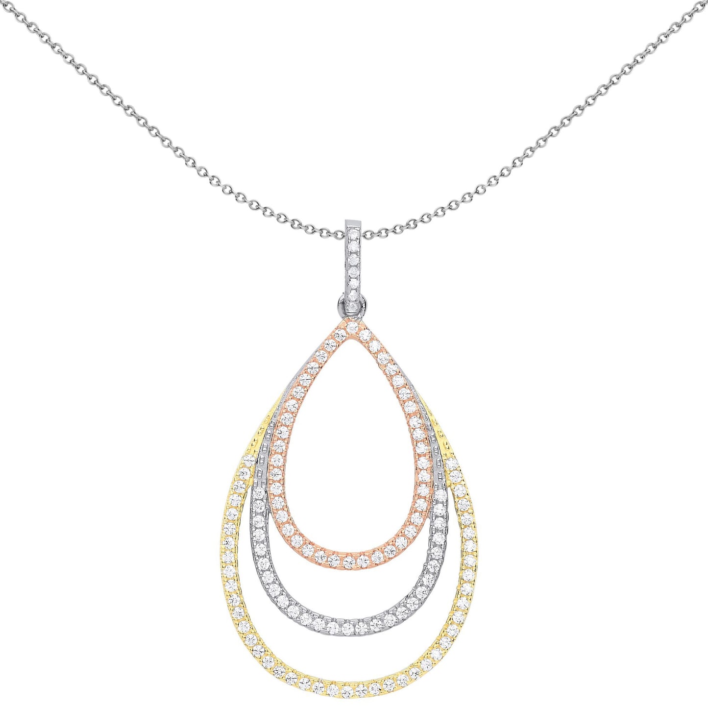 3-Colour Silver  CZ Triple Tier Halo Tear Necklace - GVP534