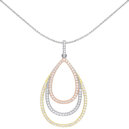 3-Colour Silver  CZ Triple Tier Halo Tear Necklace - GVP534