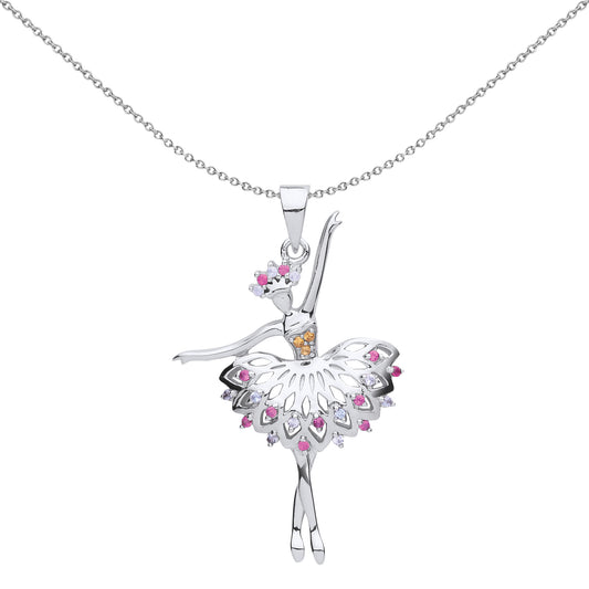 Silver  Yellow Pink Lilac CZ Ballerina Ballet Dancer Charm Necklace 18 inch - GVP536