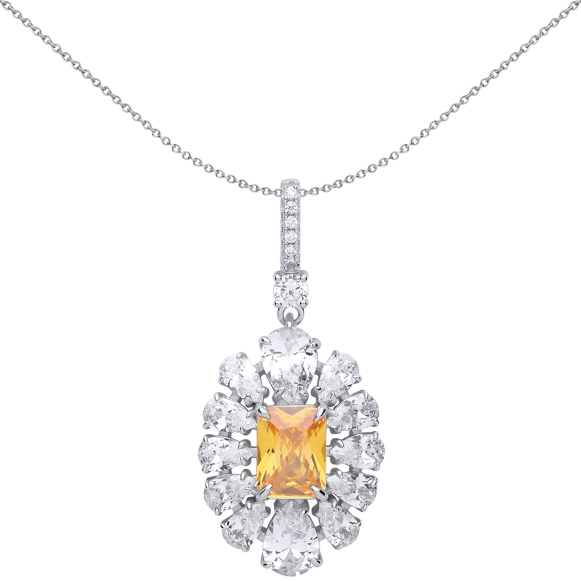 Silver  Yellow Rectangular & Pear CZ Popcorn Flower Necklace 18" - GVP537