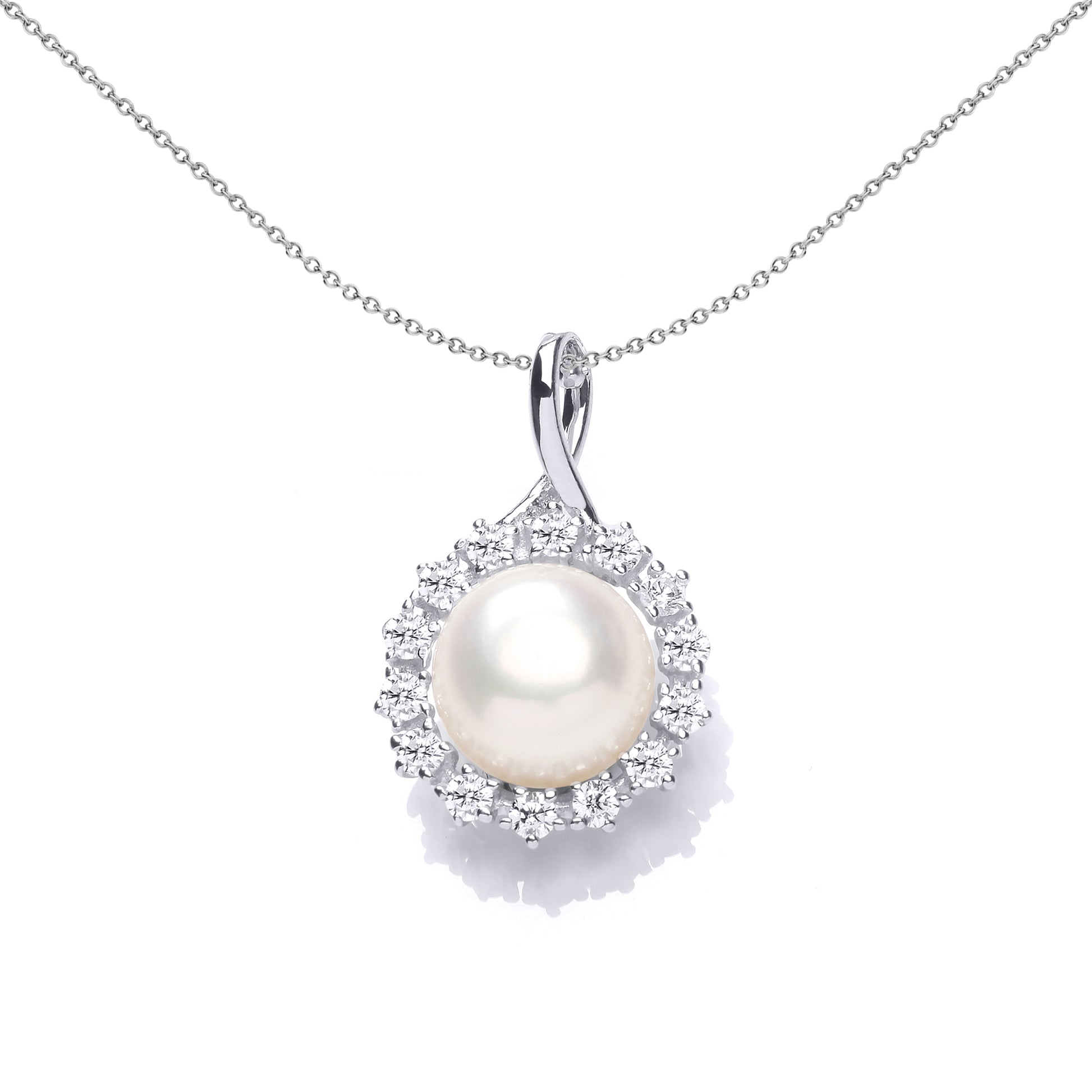 Silver  CZ Pearl Ribbon Bail Halo Cluster Pendant Necklace - GVP542