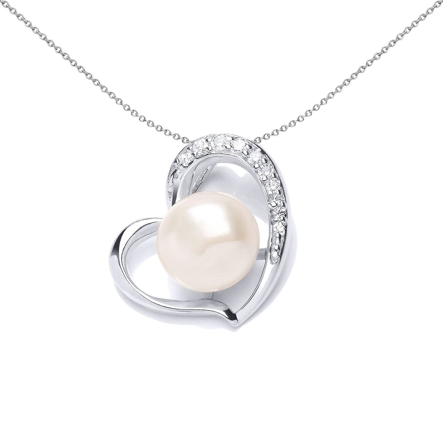 Silver  CZ Pearl Full Moon Love Heart Charm Necklace 8mm - GVP545