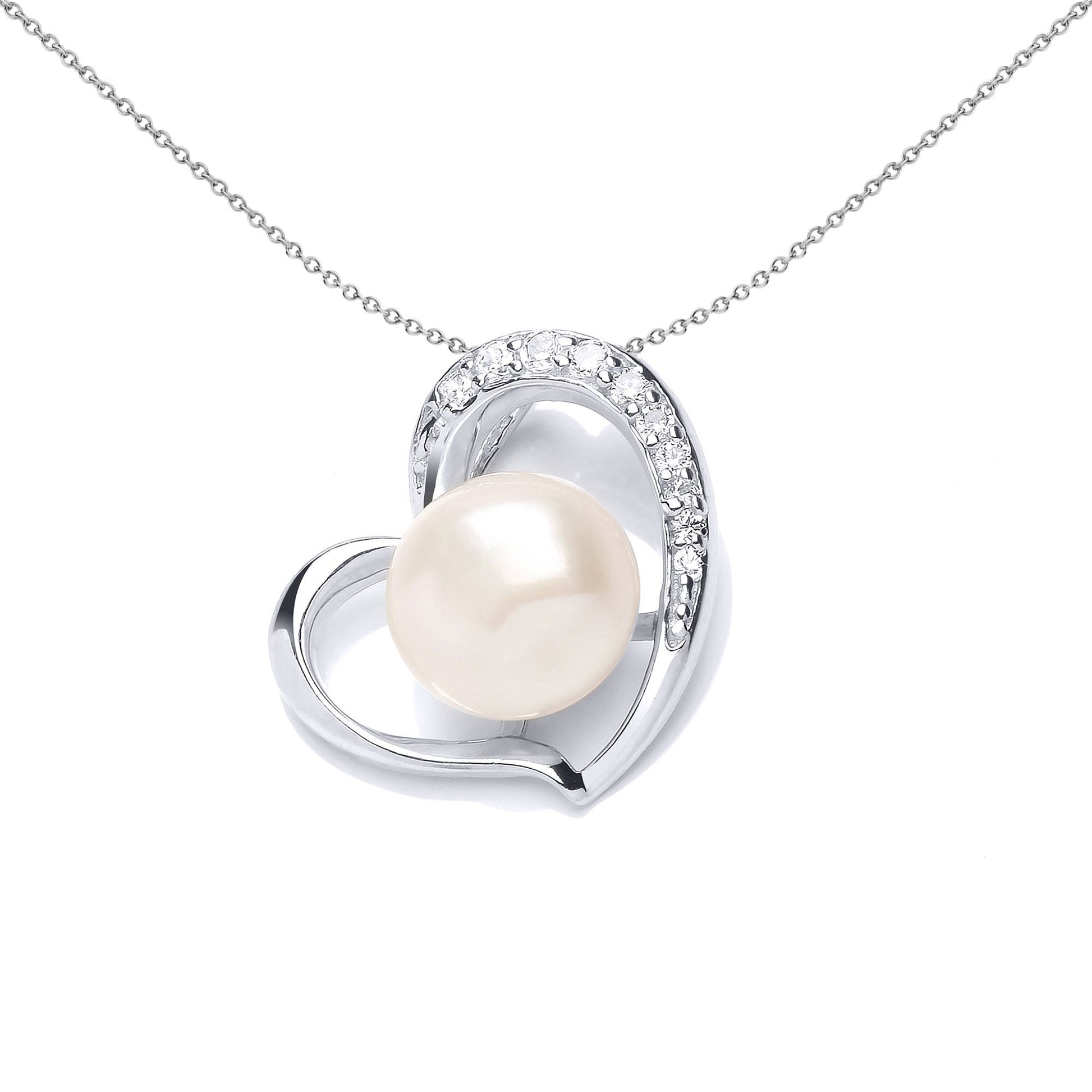 Silver  CZ Pearl Full Moon Love Heart Charm Necklace 8mm - GVP545