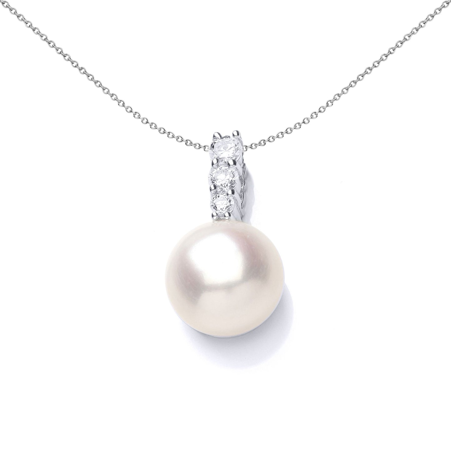 Silver  CZ Pearl Full Moon Trilogy Bail Pendant Necklace - GVP547