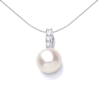 Silver  CZ Pearl Full Moon Trilogy Bail Pendant Necklace - GVP547