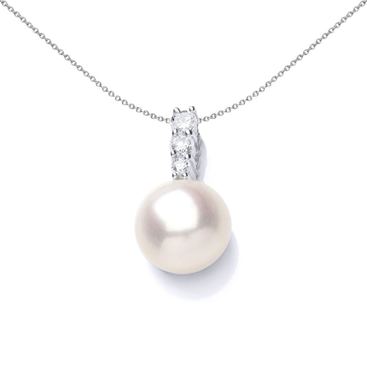 Silver  CZ Pearl Full Moon Trilogy Bail Pendant Necklace - GVP547