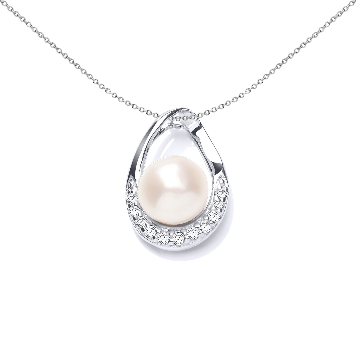 Silver  CZ Pearl Full Moon Pear Avocado Charm Necklace 7mm 18" - GVP548