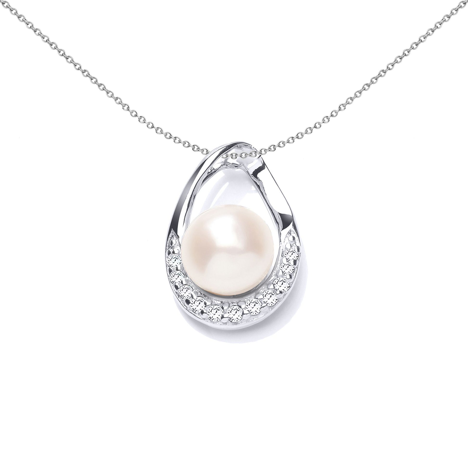 Silver  CZ Pearl Full Moon Pear Avocado Charm Necklace 7mm - GVP548