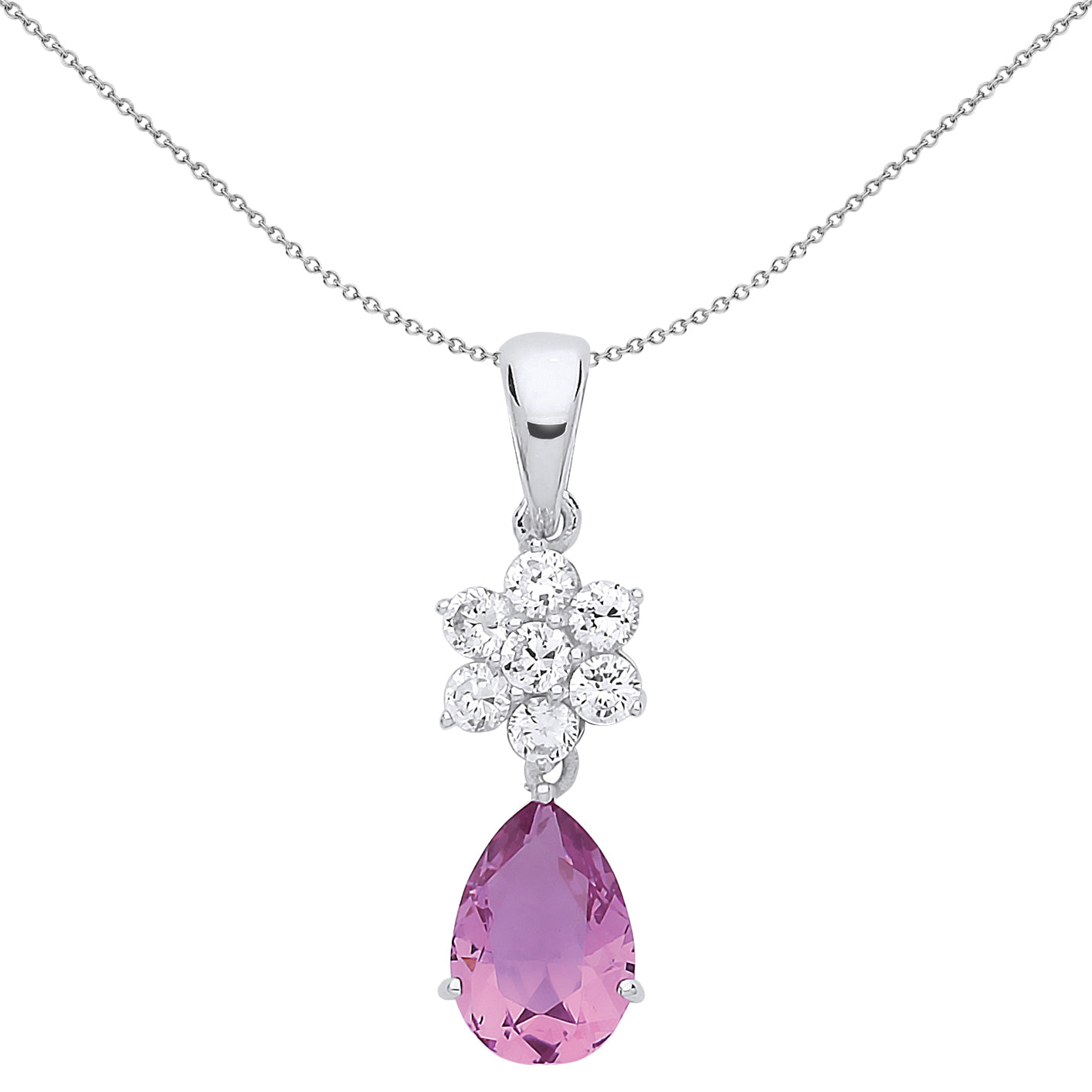 Silver  Lilac Pear Cut CZ Purple Rain Pendant Necklace 18 inch - GVP549