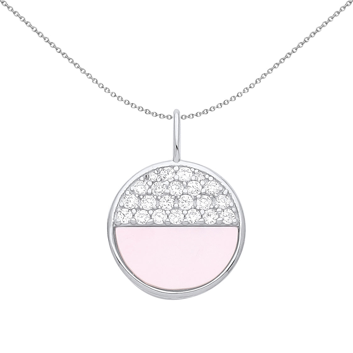 Silver  Half Moon CZ M.O.P Starry Night Pink Lagoon Necklace 18" - GVP550